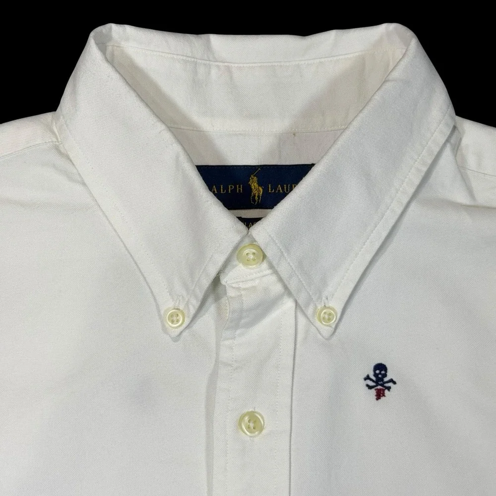 Polo Ralph Lauren Men's White Short Sleeve Skull and Bones Oxford Shirt Large